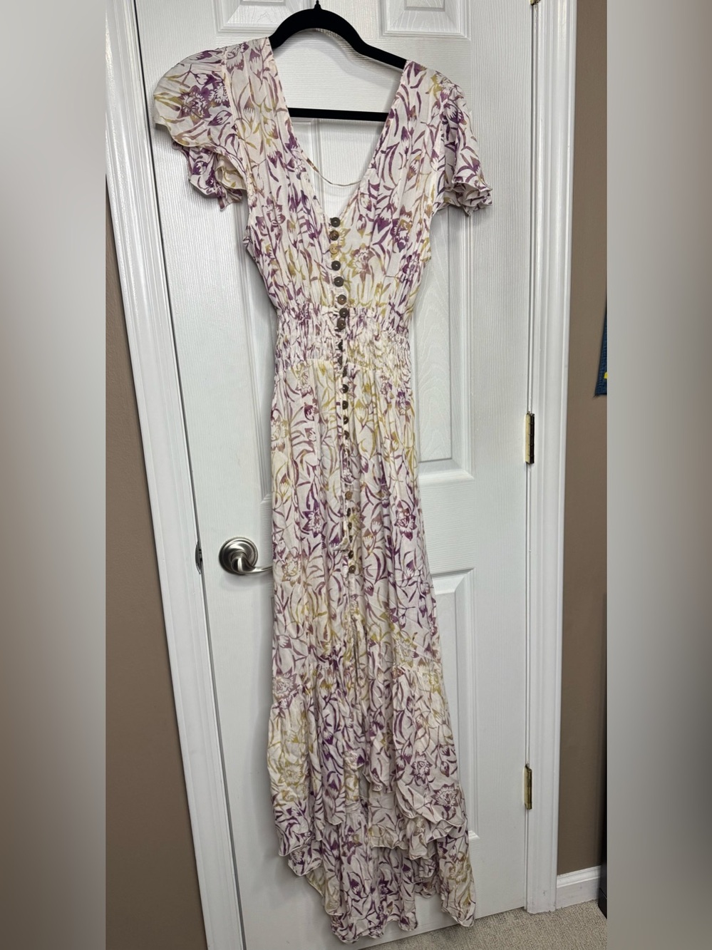 Tiare Hawaii Cream Maxi Dress with Lavender and Yellow Floral Print
